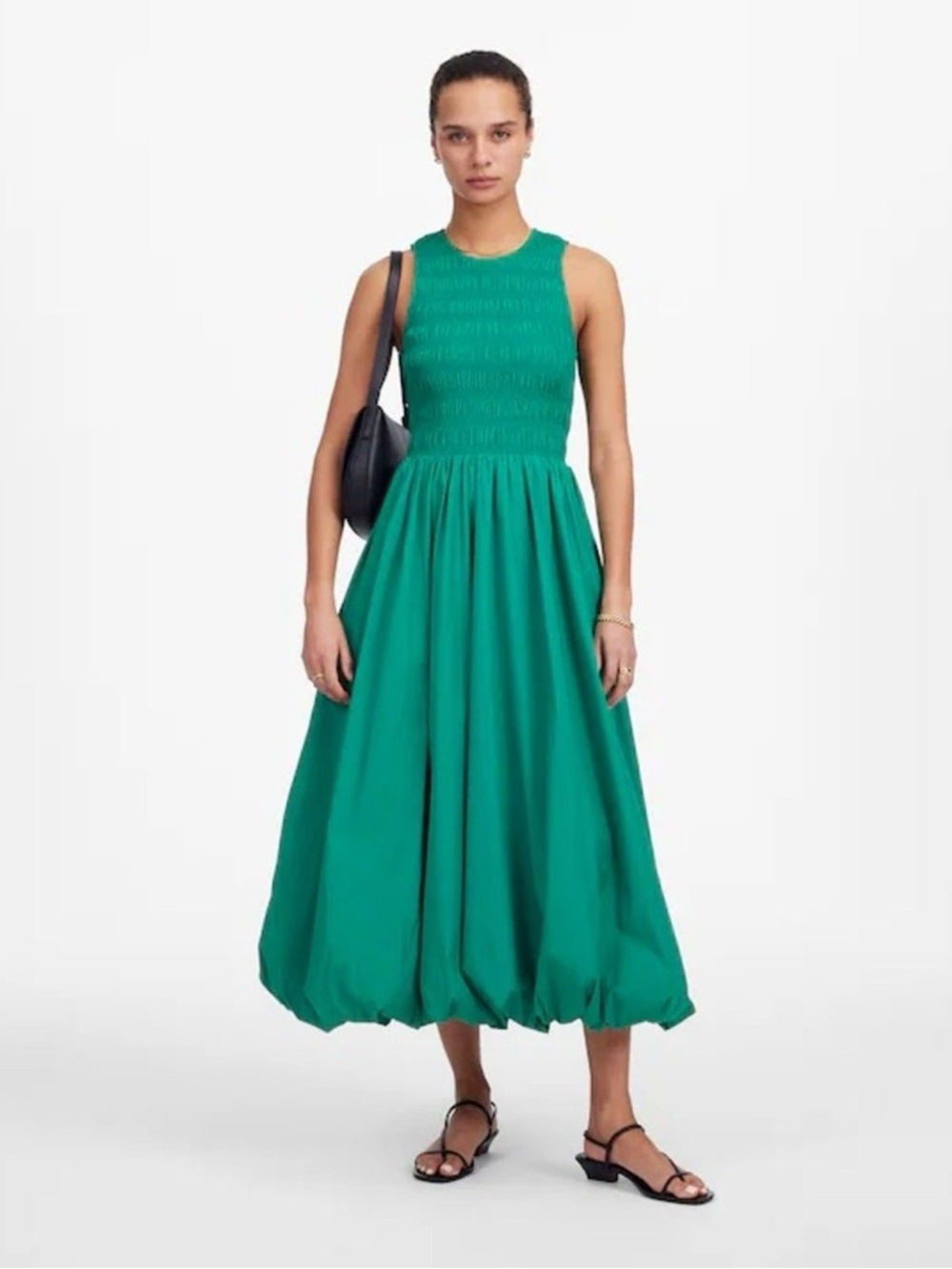 Madewell Melody Bubble-Hem Smocked Midi Dress in Poplin Verdant Green
